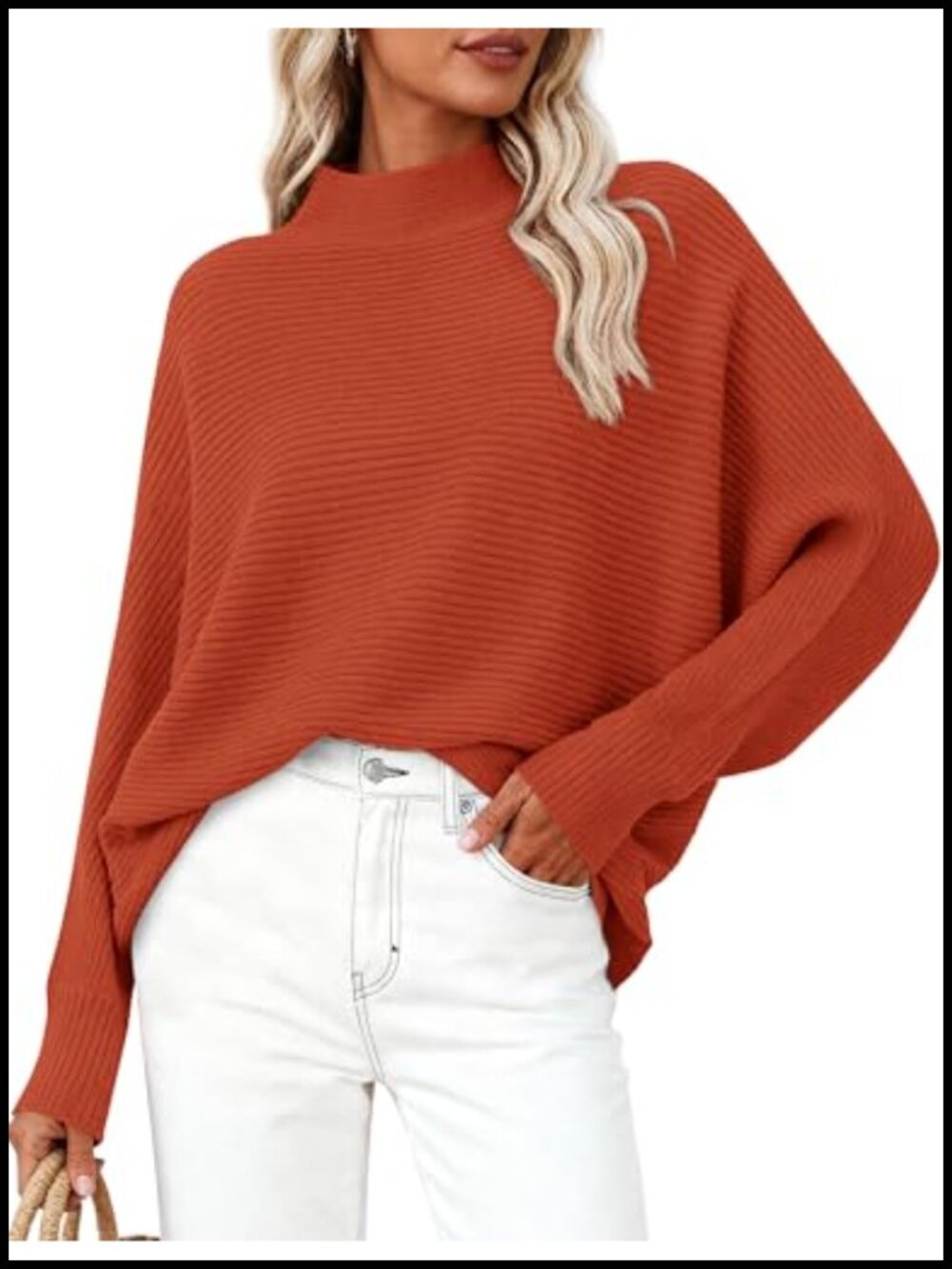 Womens Batwing Long Sleeve Sweater Mock Neck Ribbed Knit Cozy Chunky Pullover